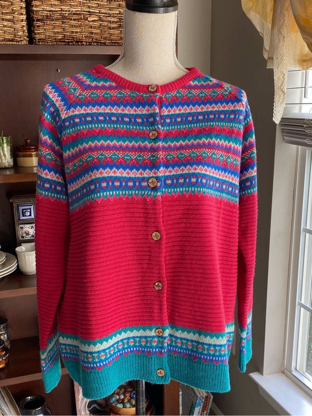 Vintage Country Rose Women's Patterned Button-Front Sweater Cardigan Large